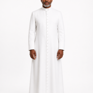 White men's clergy cassock with a mandarin collar, worn front view