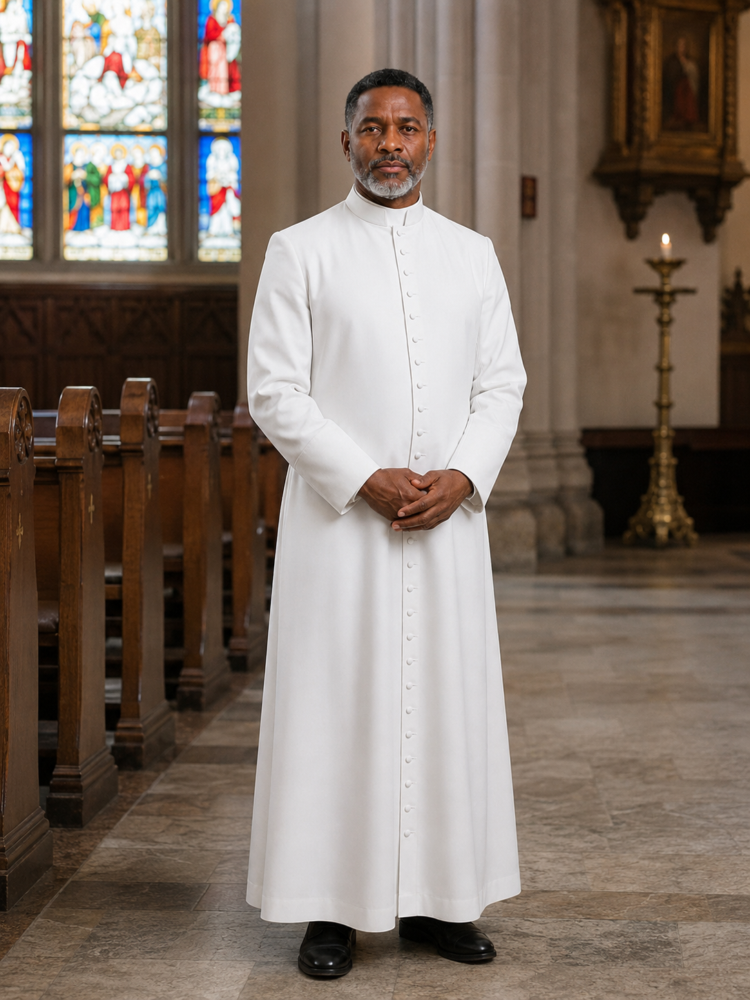 White men's clergy cassock with fabric-covered white buttons, shown worn in a church