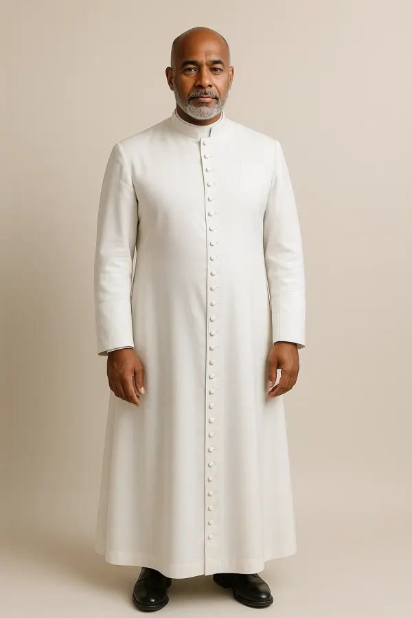 White men's clergy cassock with a mandarin collar, worn front view