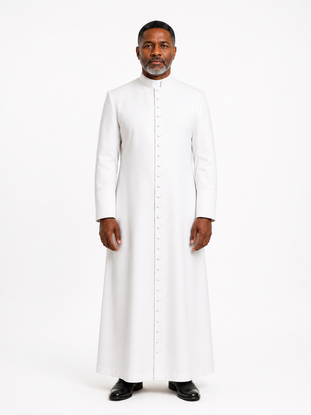 White men's clergy cassock with a mandarin collar, worn front view