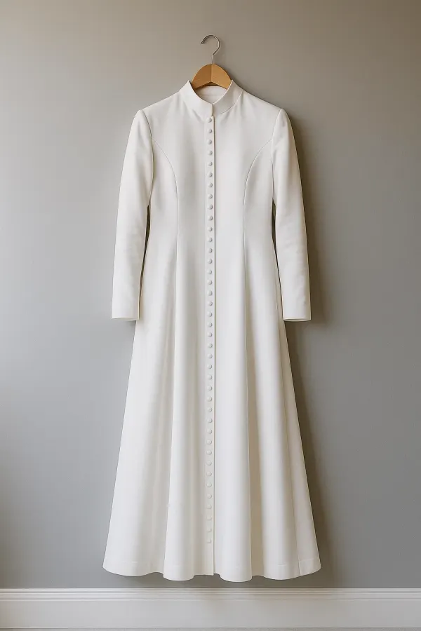 Full-length white women's clergy dress in tropical fabric with fabric-covered button-down front