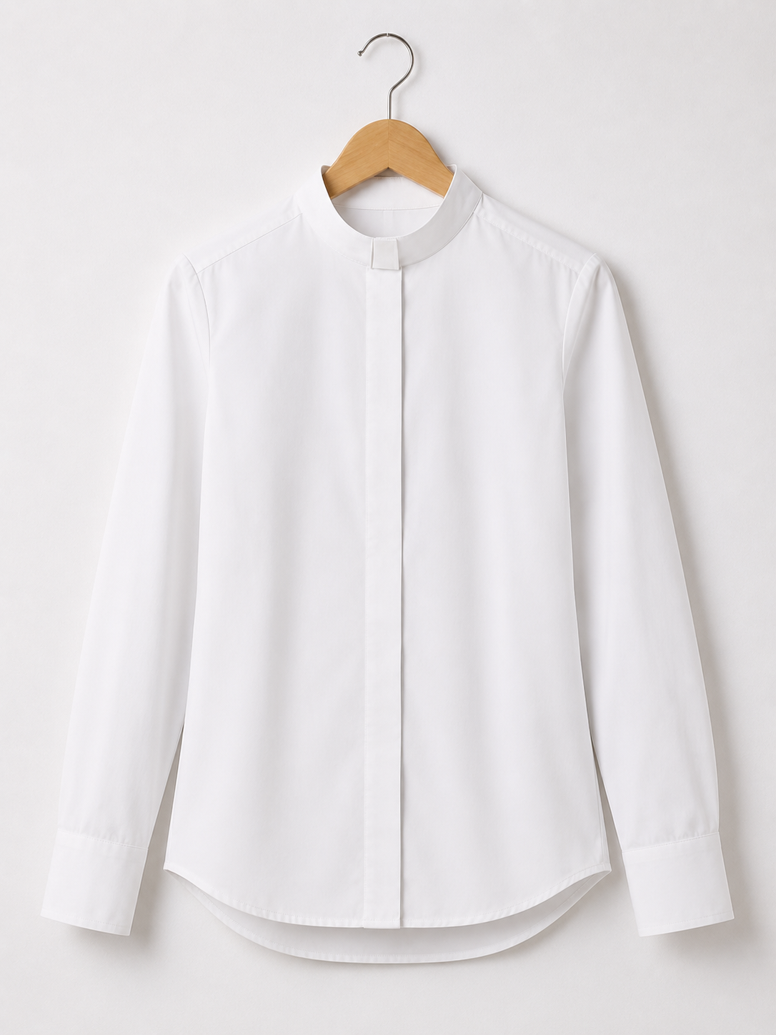 Black women's clergy shirt with a white tab collar and a tailored feminine fit