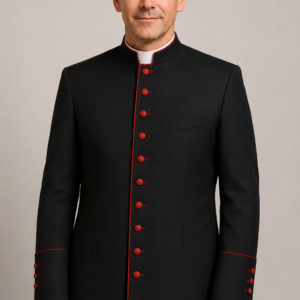 Black men's clergy jacket with red piping, worn front view