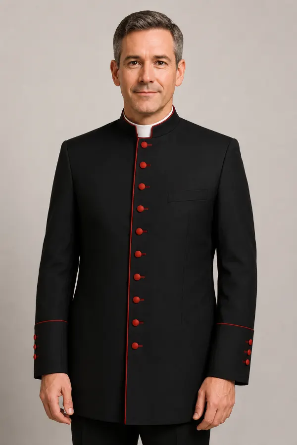 Black men's clergy jacket with red piping, worn front view