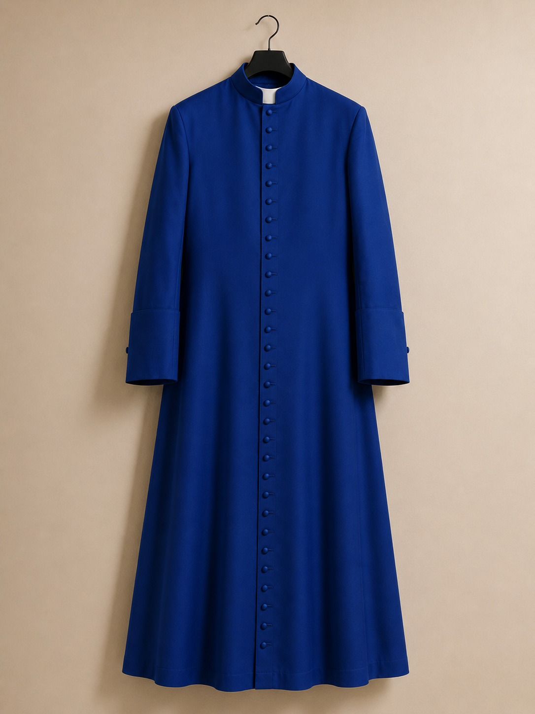 Deep blue men's clergy cassock with a full placket of matching fabric-covered buttons