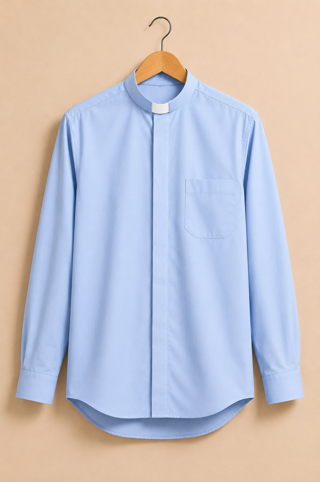 Blue men's clergy shirt with a white tab collar and a single left chest pocket