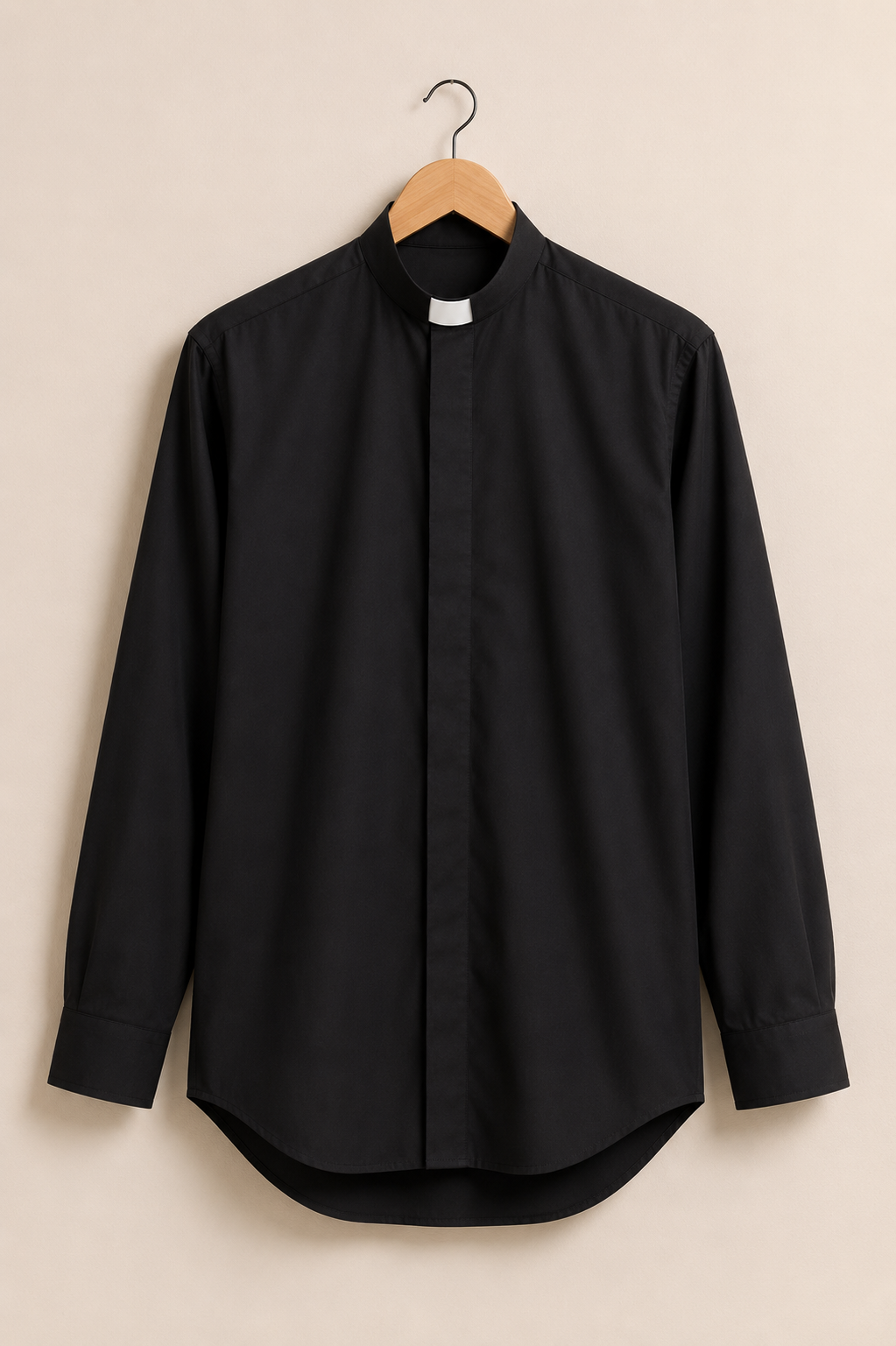 Black men's clergy shirt with a Roman collar slot and a concealed placket front