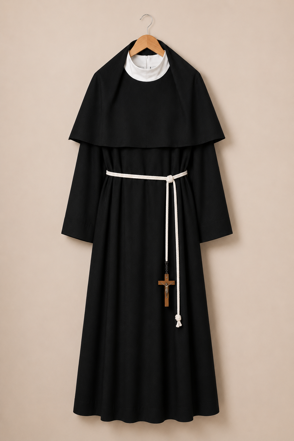 Black nun habit with coif and wimple framing a modest neckline