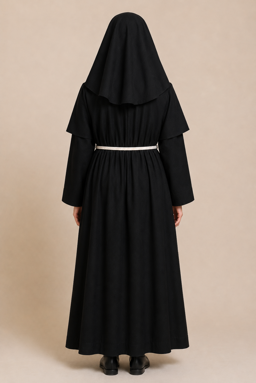 Back view of a black monastic nun habit with attached veil and waist-tied white cincture