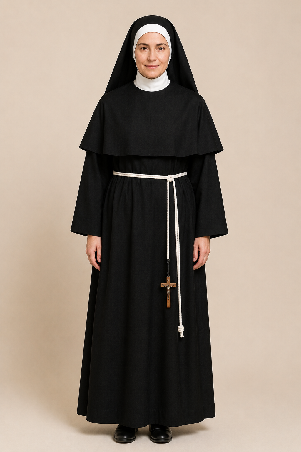 Black monastic nun habit with capelet and veil, worn front view