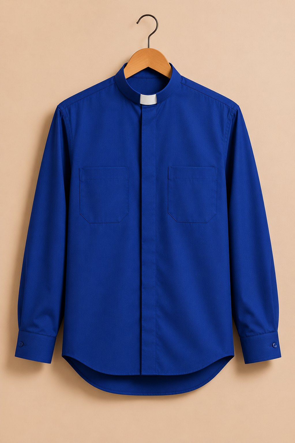 Deep blue men's clergy shirt with a white collar insert and two front chest pockets