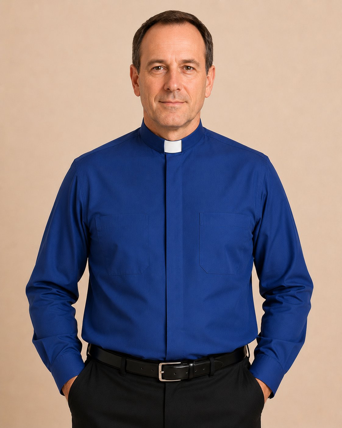 A men wearing Celestis Deep Blue Clergy Shirt