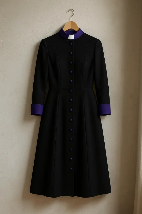 Black women's clergy dress with white-trimmed flared sleeves and silver-toned front buttons