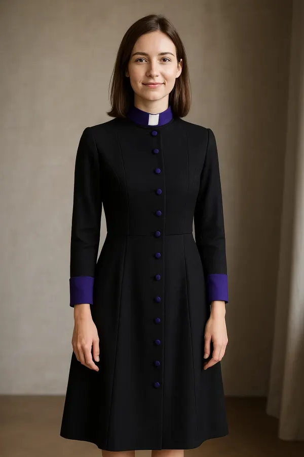 Black women's clergy dress with purple mandarin collar and cuffs and a covered-button front