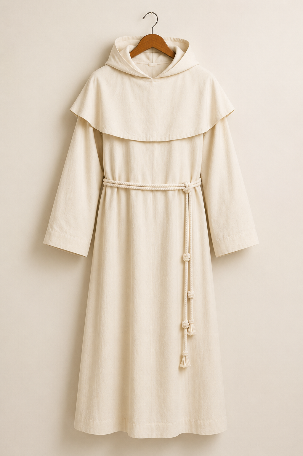 White Cistercian monk robe with an attached shoulder-length cowl hood and a rope cincture