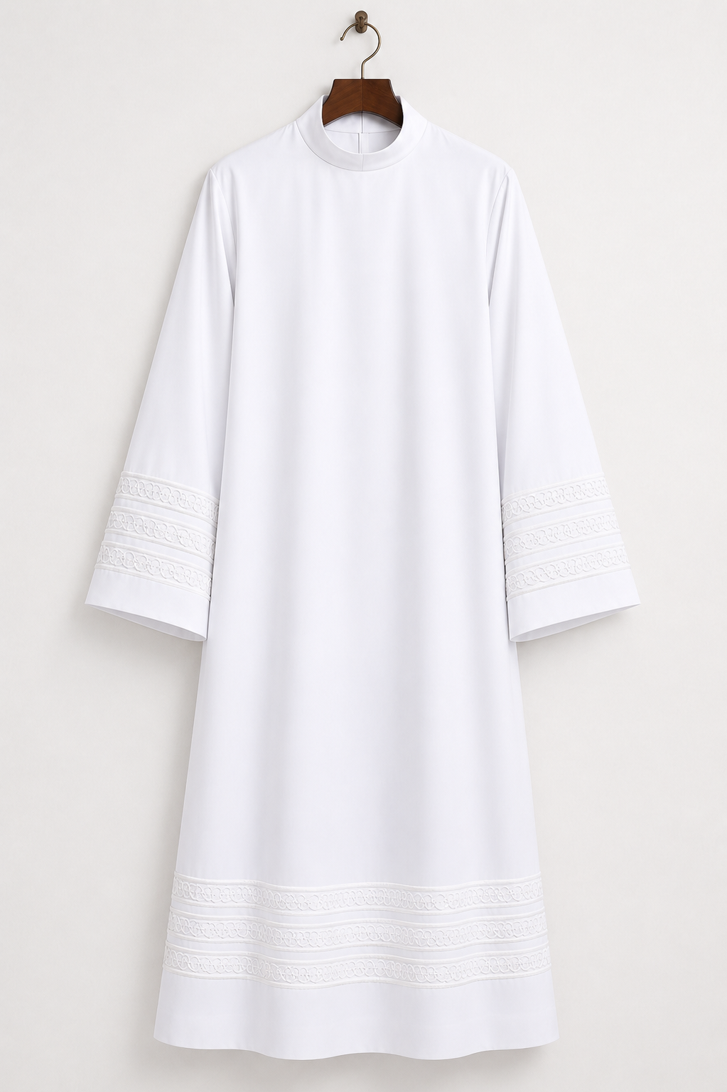 Men's clergy alb with a black-insert Roman collar and three woven lace bands on wide sleeves