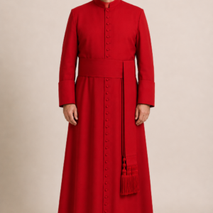 Deep red men's clergy cassock with a mandarin collar, worn front view