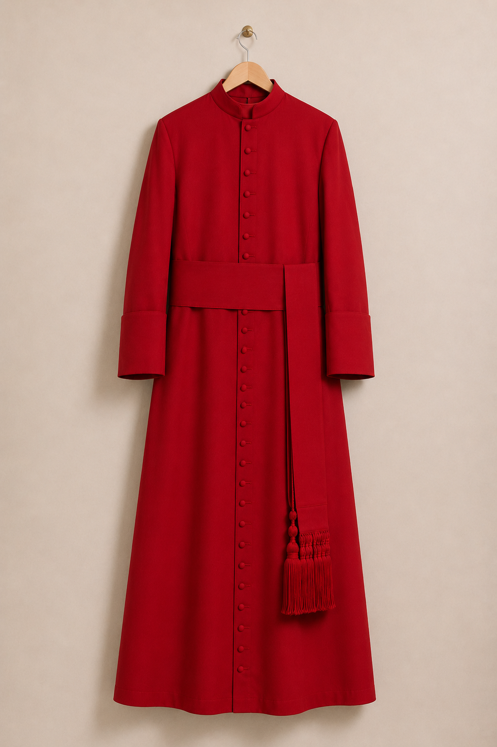 Deep red men's clergy cassock with a wide band cincture finished with a tassel