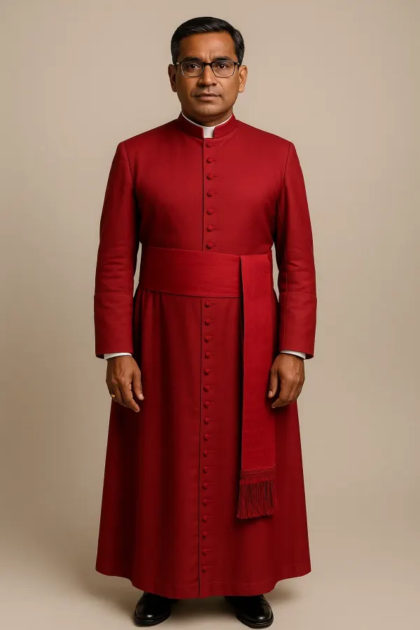 Deep red men's clergy cassock with a mandarin collar, worn front view