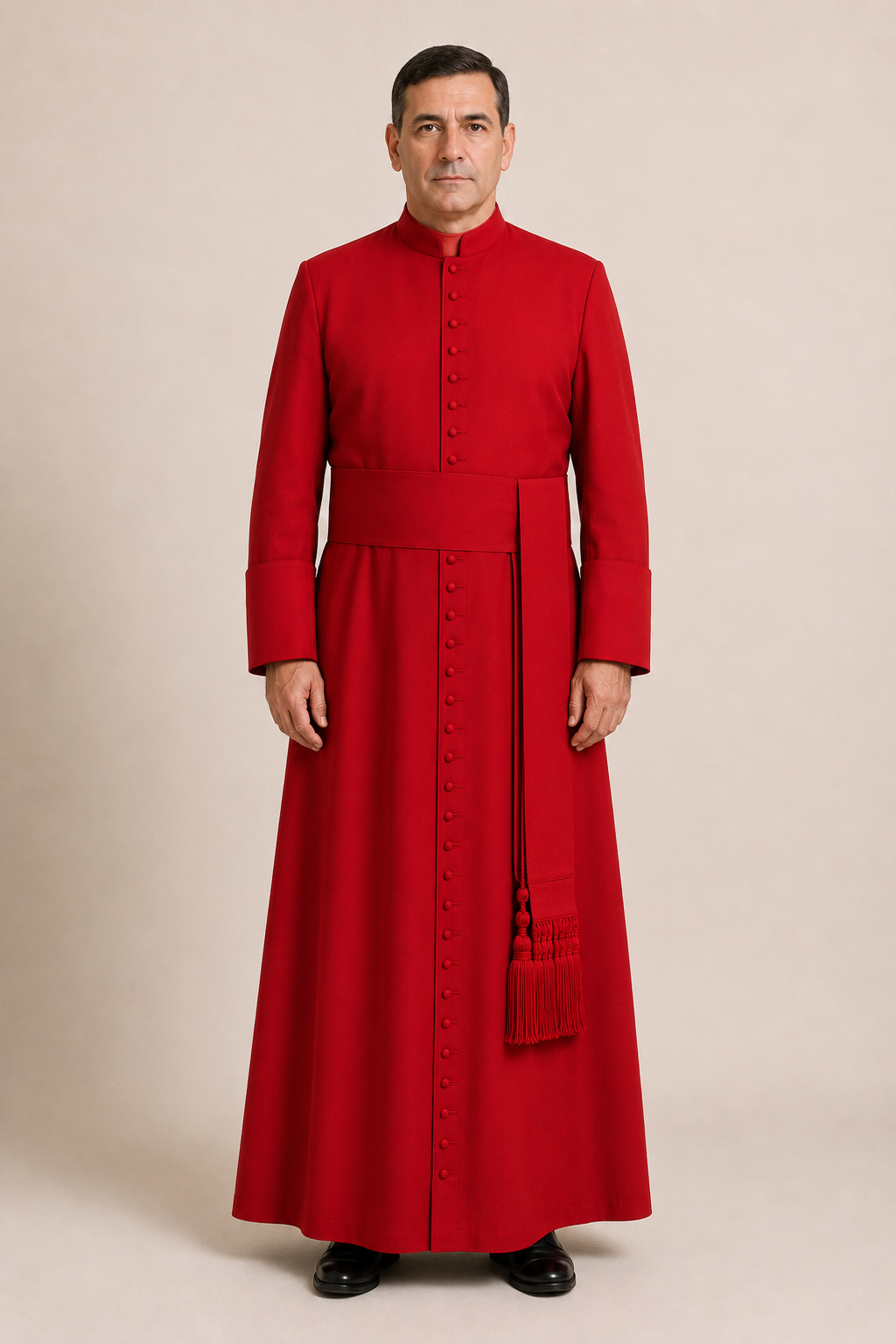 Deep red men's clergy cassock with a mandarin collar, worn front view