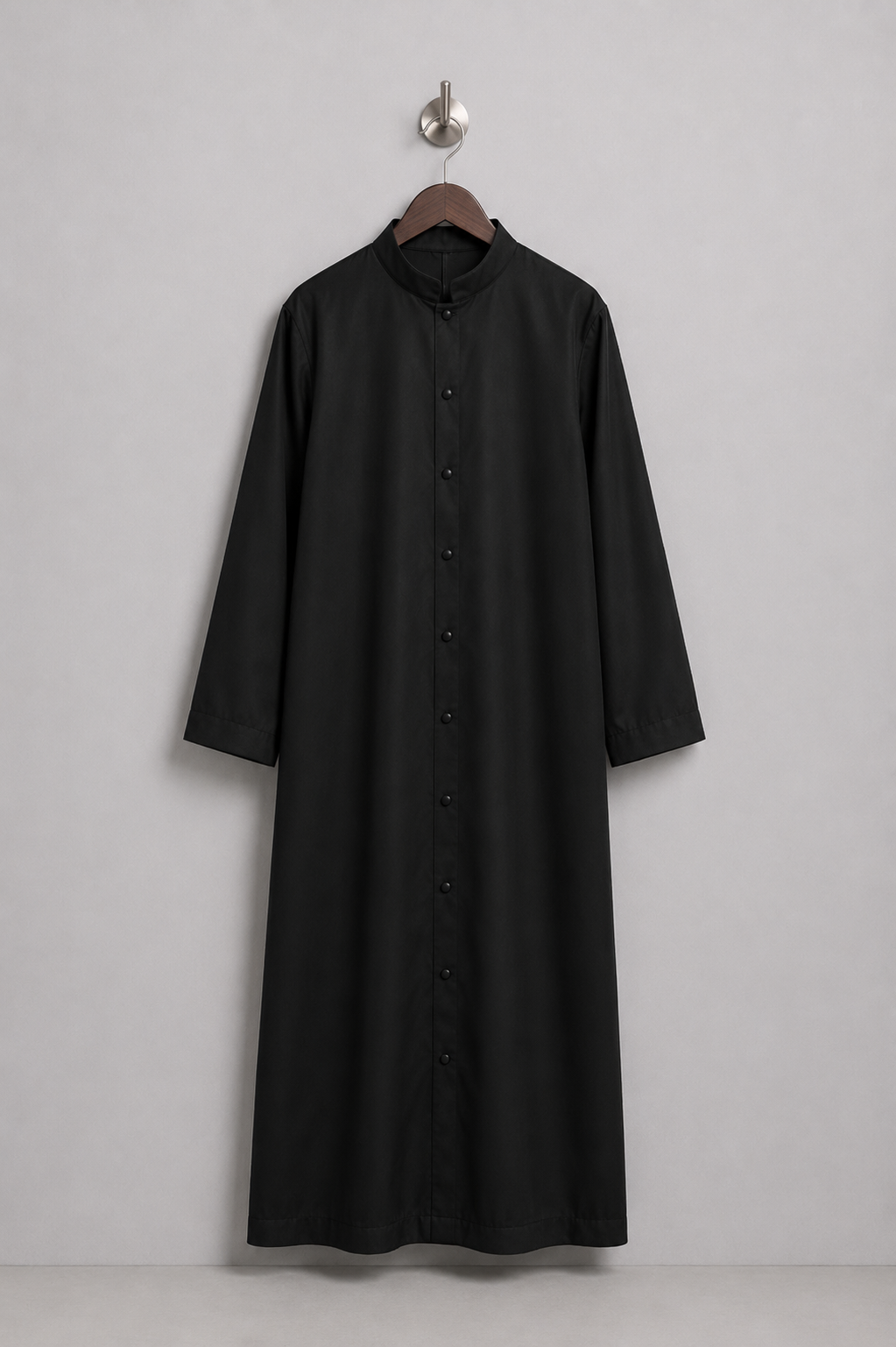 Black altar-server cassock in lightweight tropical suiting with a full-button front