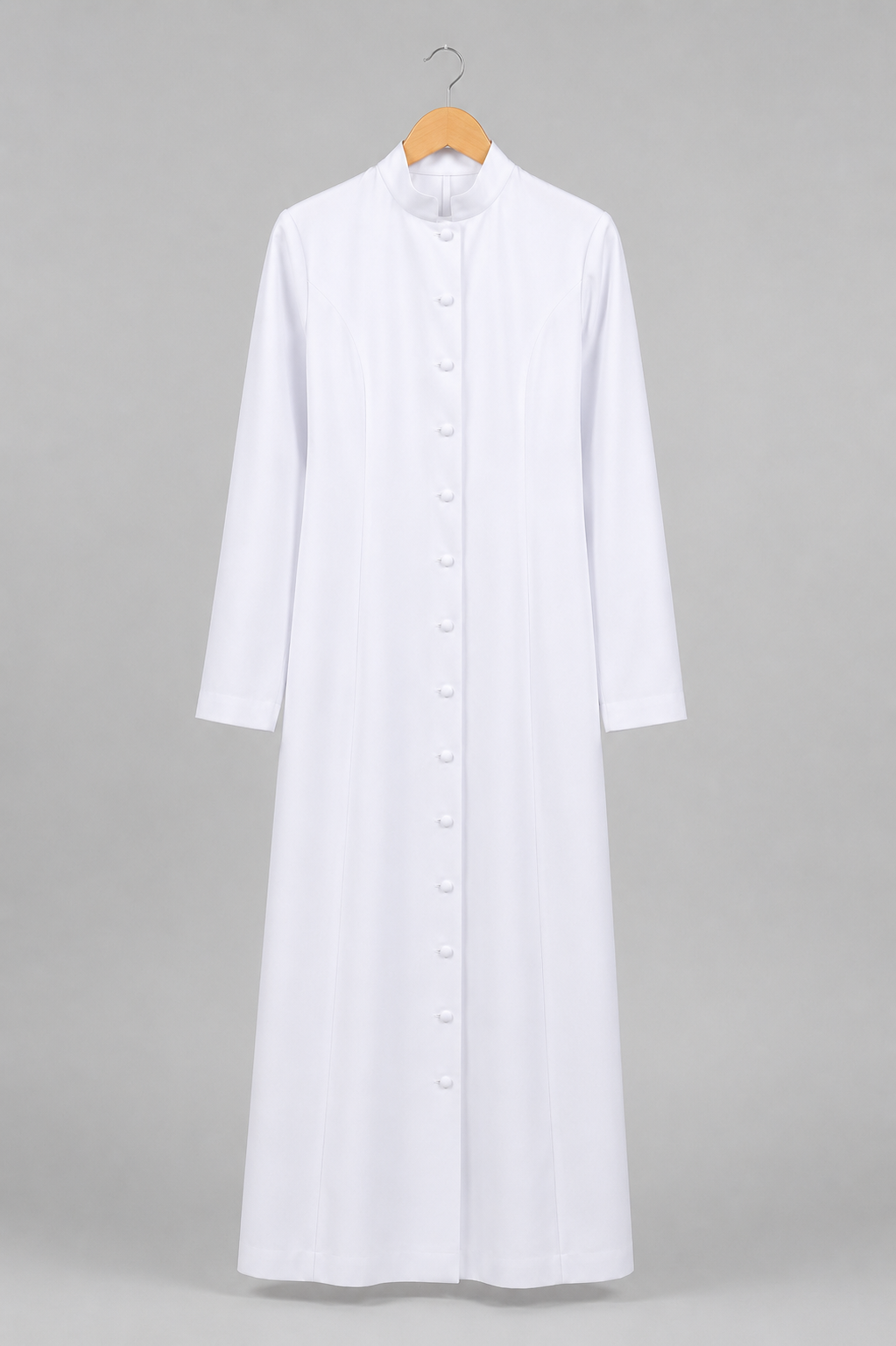 White women's clergy robe with a structured standing collar and covered-button front