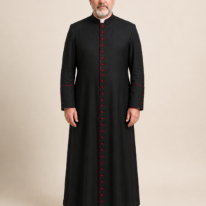 Black men's clergy cassock with red piping on the collar, cuffs, and placket, front view
