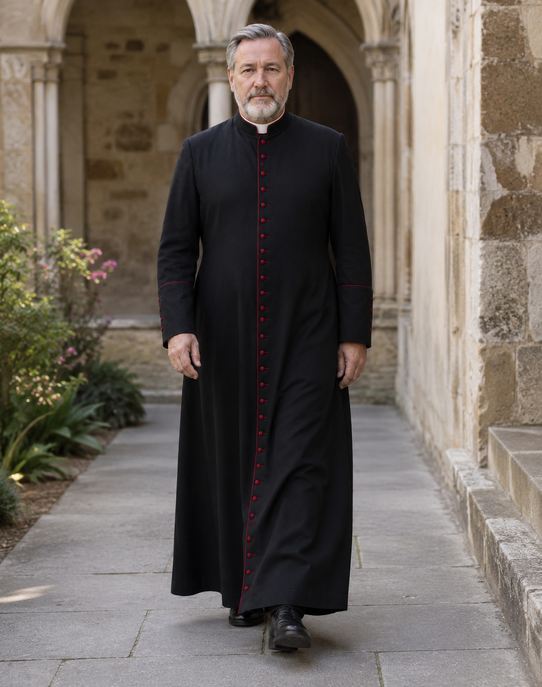 Black men's clergy cassock with wide cuffs detailed with five red covered buttons, worn