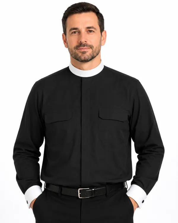 A men wearing Fidei Classic Black Clergy Shirt