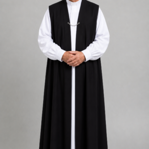 Black traditional open-front chimere, worn front view