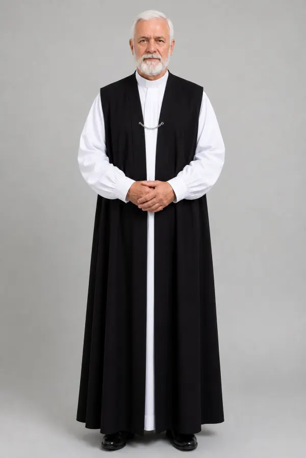 Black traditional open-front chimere, worn front view