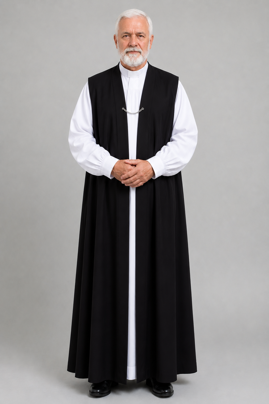 Black traditional open-front chimere, worn front view