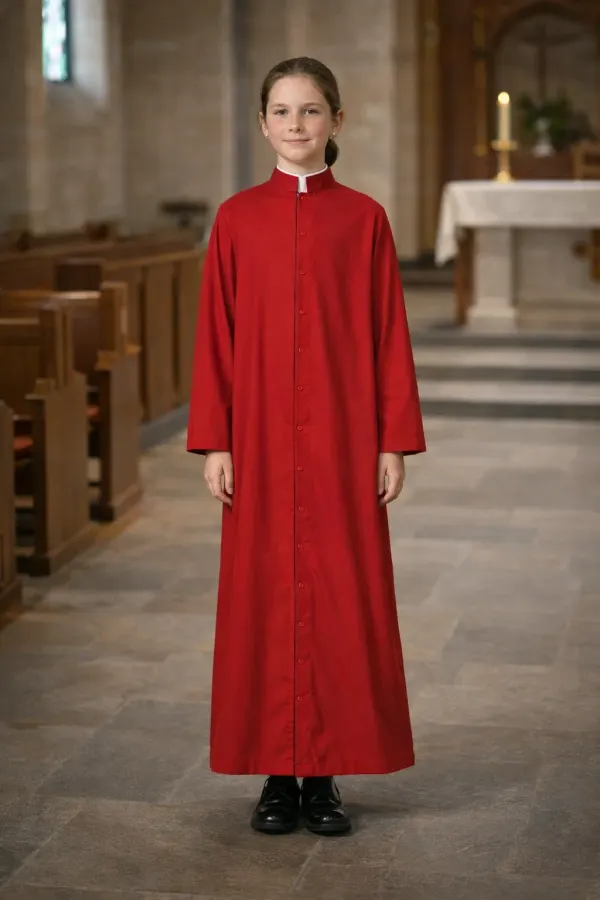 Black church-server cassock with a stand collar and a white collar insert detail