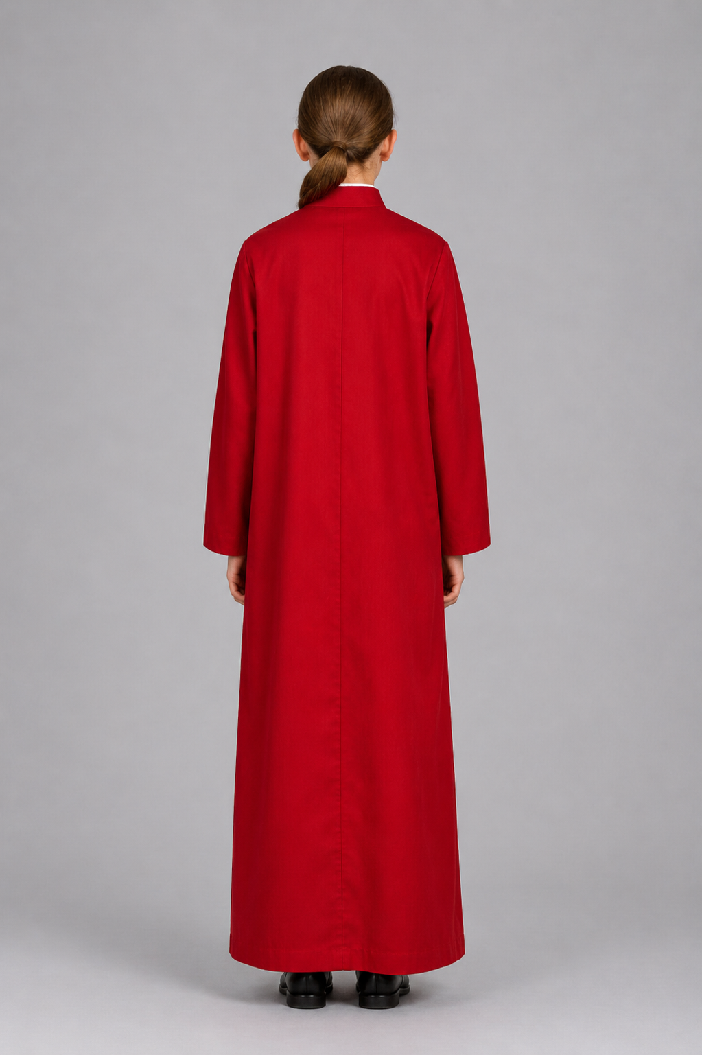 Black church-server cassock with a stand collar and a white collar insert detail