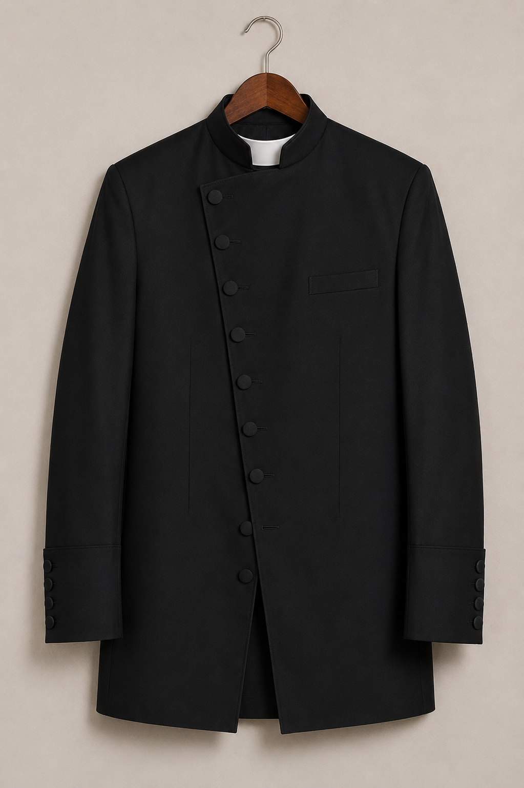 Men's clergy jacket with an asymmetrical button front and a mandarin-style collar