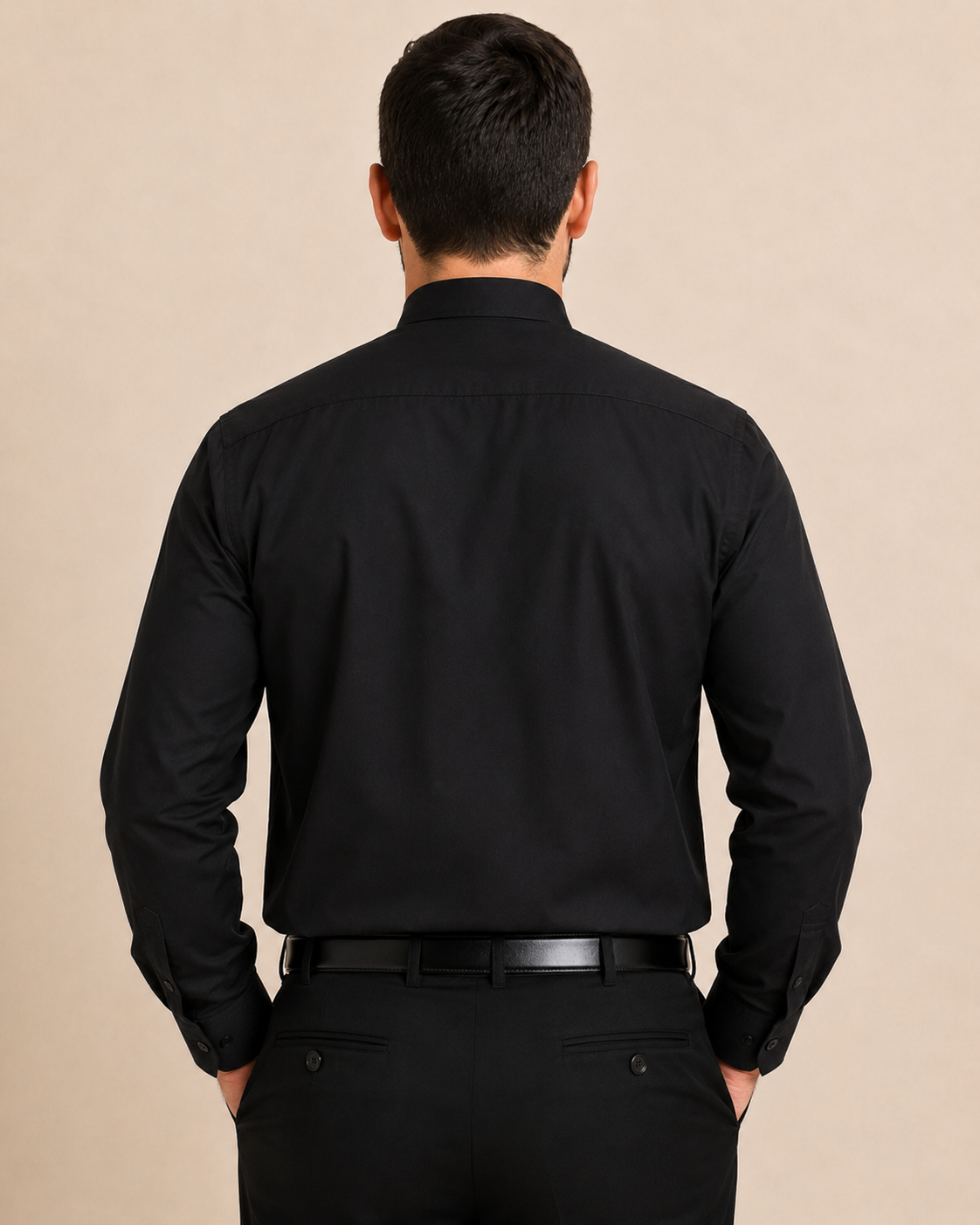 Black clerical shirt with a removable Roman collar insert and a concealed placket