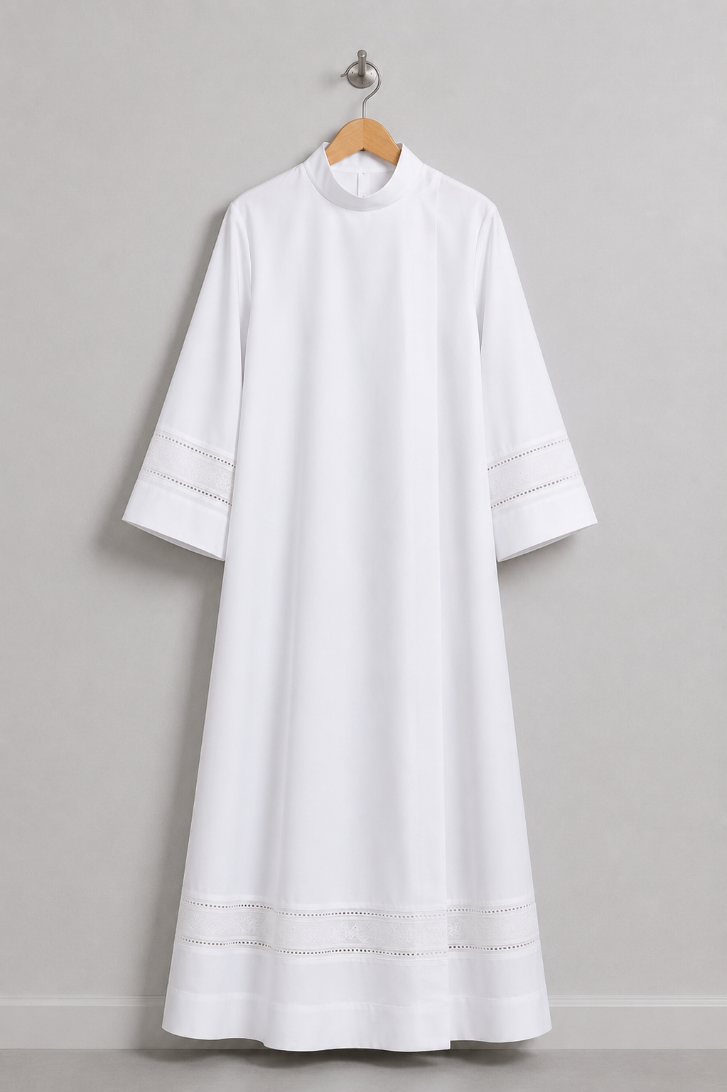 White women's clergy alb with a stand collar and three-quarter sleeves with lace bands