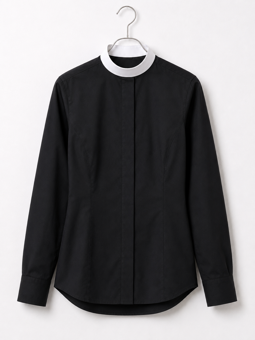 Black women's clergy shirt with a crisp white tab collar and a straight tailored cut