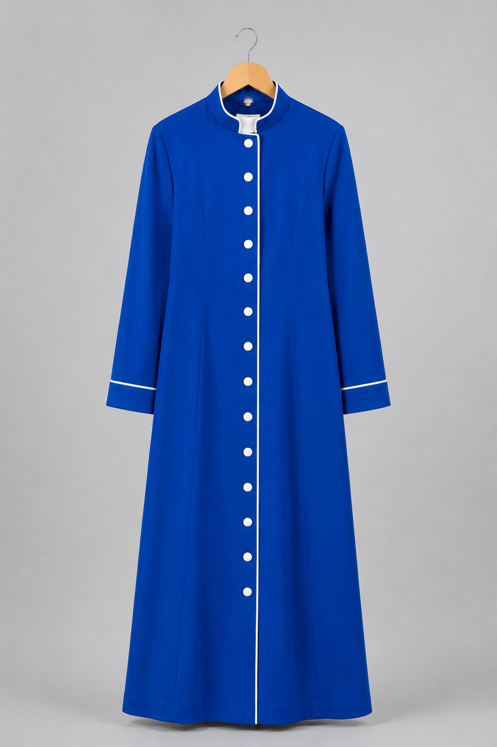 Royal blue women's liturgical robe with a stand collar and white contrast insert