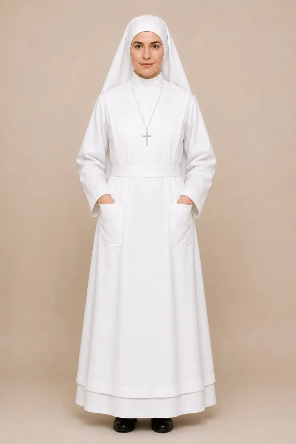 A Women Wearing Sancta Lucia White Nun Habit
