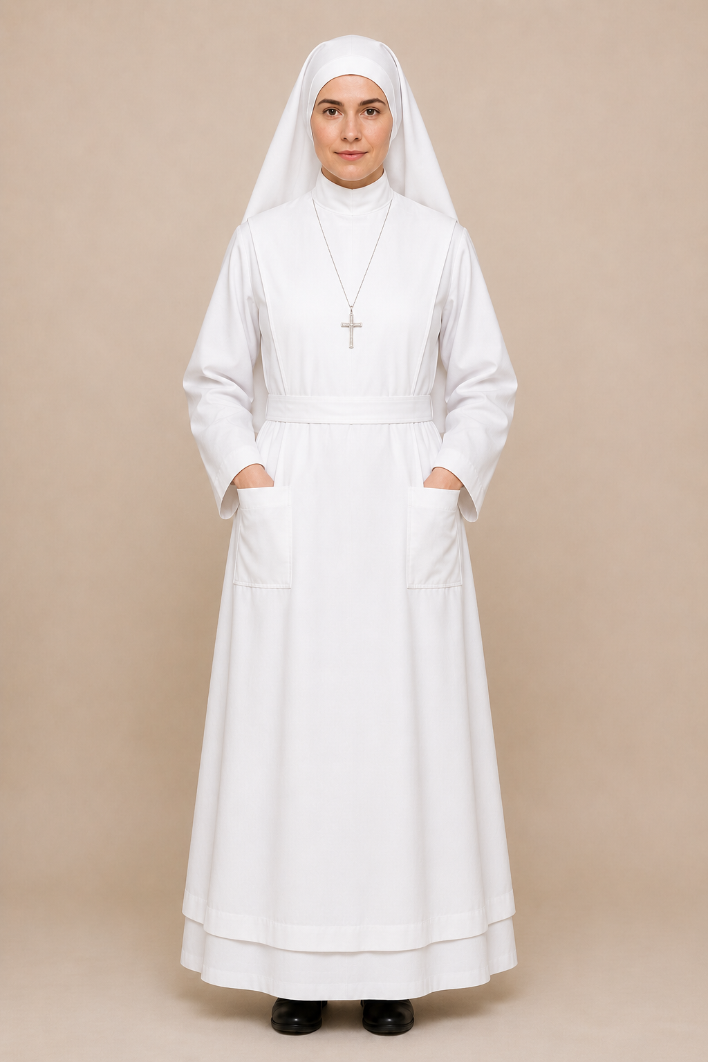 A Women Wearing Sancta Lucia White Nun Habit
