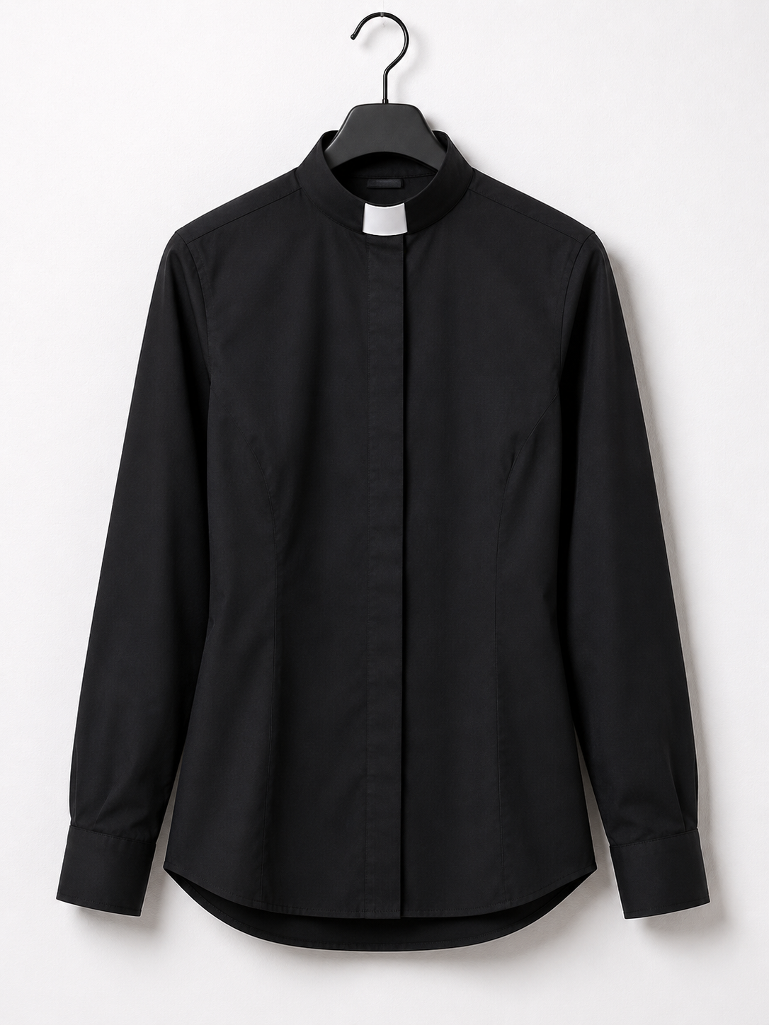 White women's clergy shirt with a stand-up tab collar and a concealed placket