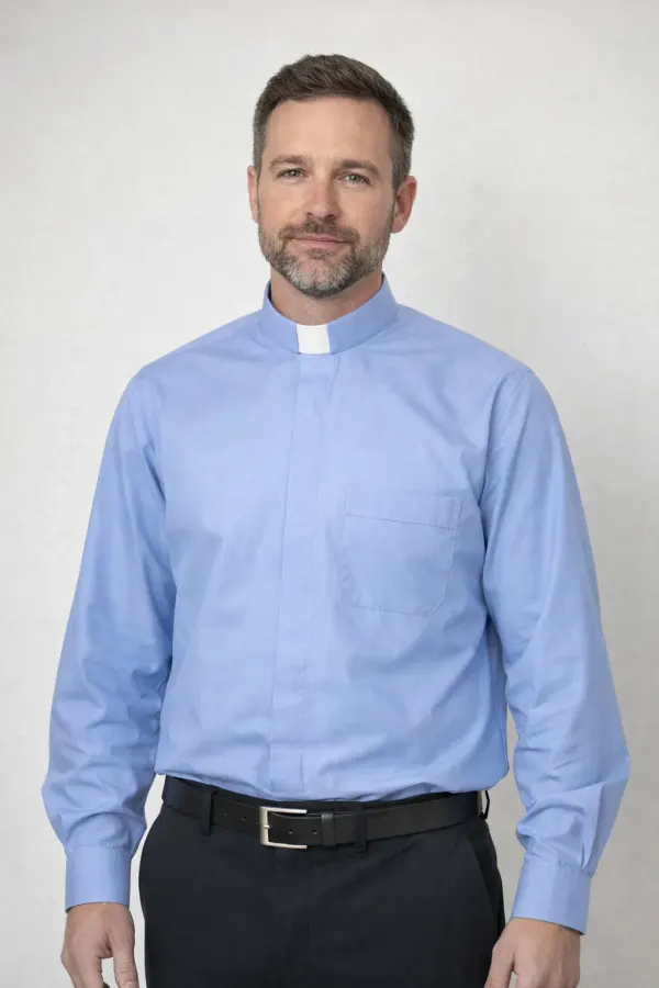 Frontview of the Aethera Refined Blue Clergy Shirt