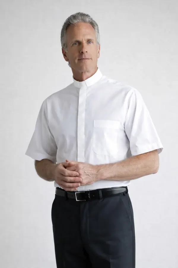 A Men Posing in Albus Men’s White Clergy Shirt
