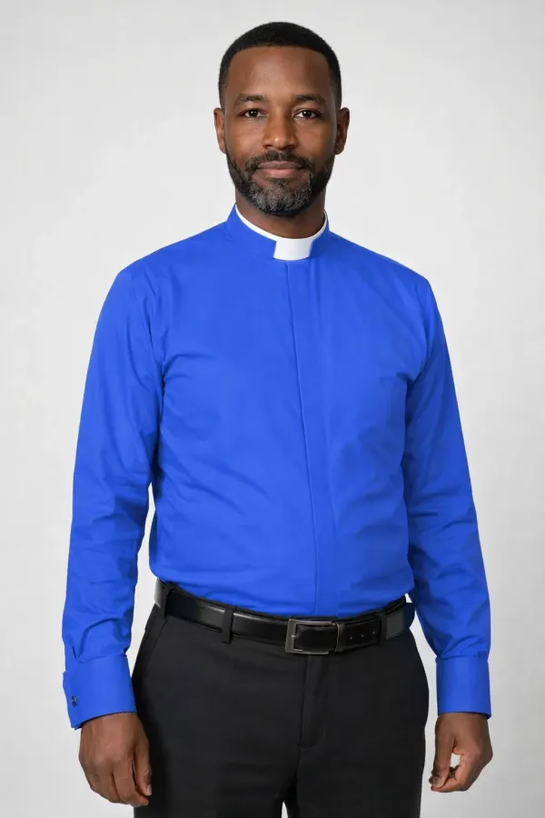 A Men Wearing Caelis Men’s Blue Clergy Shirt