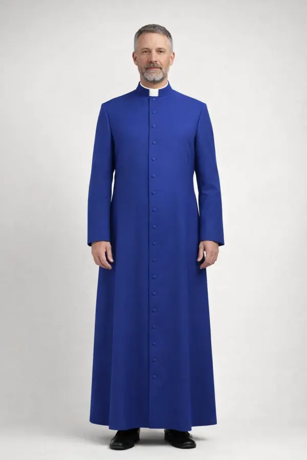 Front view of Caelorum Blue Clergy Cassock