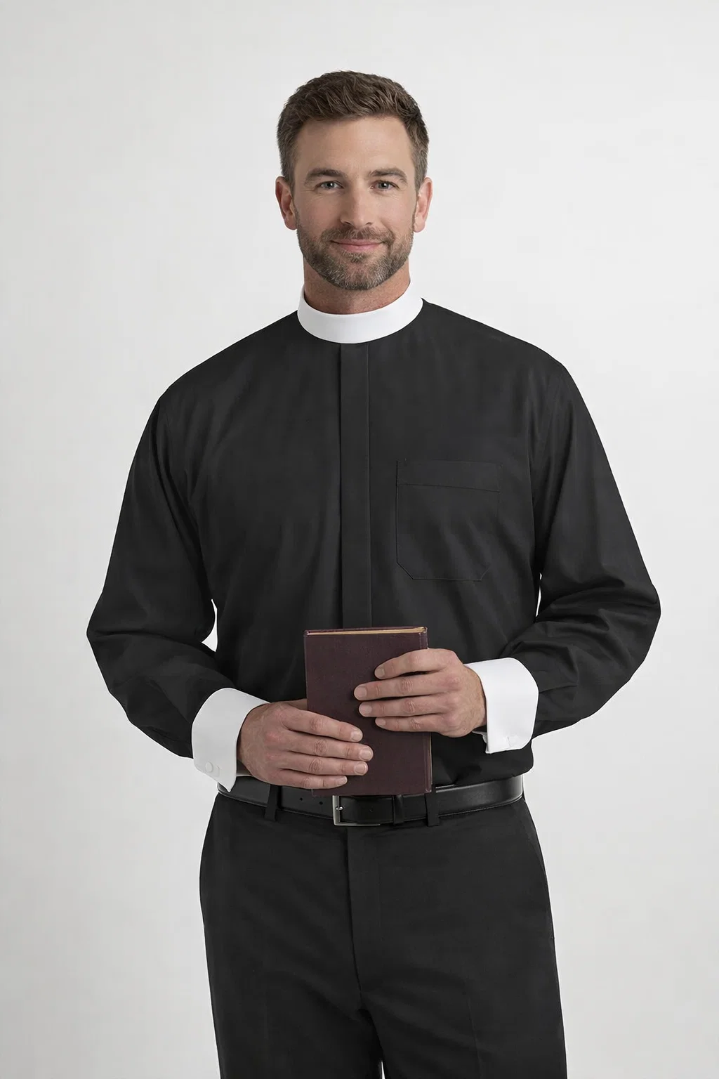 A Clergy Wearing Sacralis Tailored Black Clergy Shirt
