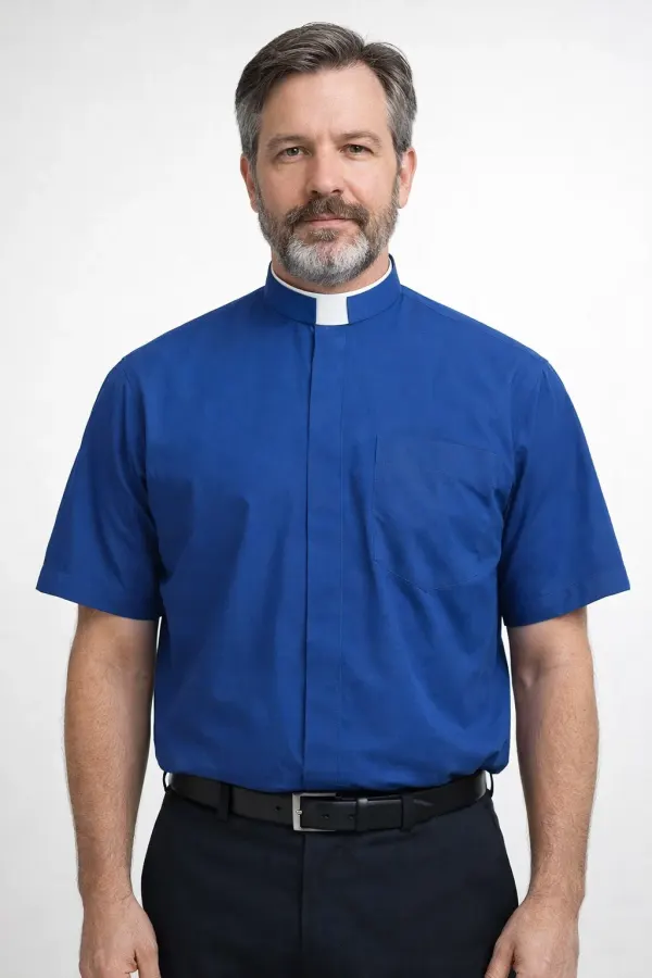 A Men Wearing Serinus Clerical Shirt in Blue