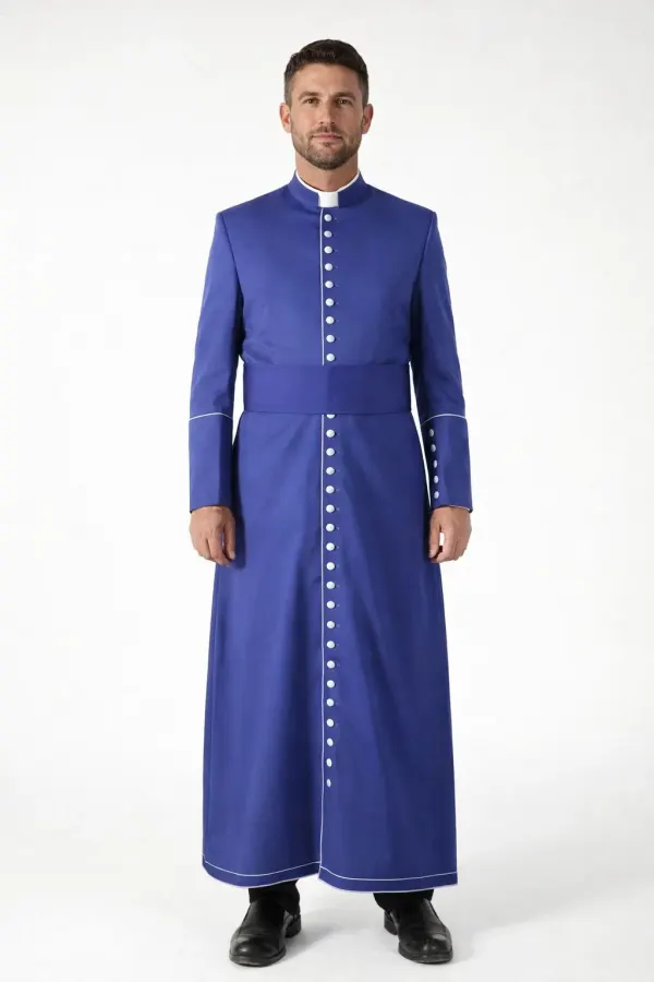 Front View of Velorum Long Blue Clergy Cassock