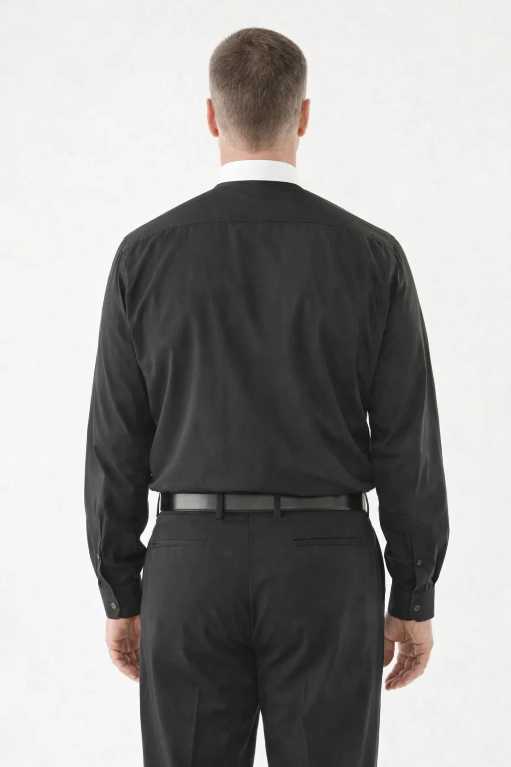 Back View of the Veritus Men’s Black Clergy Shirt